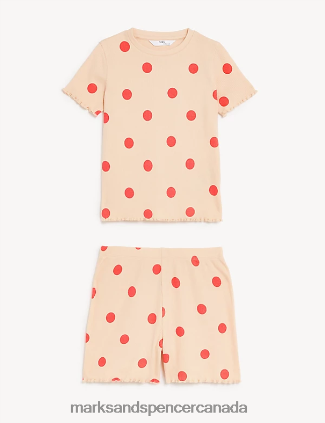 Lingerie 20VTD9568 Light Peach Unisex Marks & Spencer Cotton Rich Spotted Rib Short Pyjama Set - Marks and Spencer online