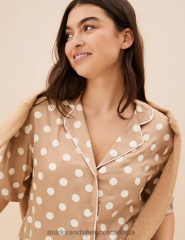 Marks and Spencer sale - Unisex Camel Lingerie Marks & Spencer Spot Print Revere Collar Shortie Set 20VTD3511