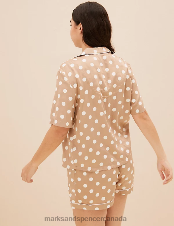 Marks and Spencer sale - Unisex Camel Lingerie Marks & Spencer Spot Print Revere Collar Shortie Set 20VTD3511