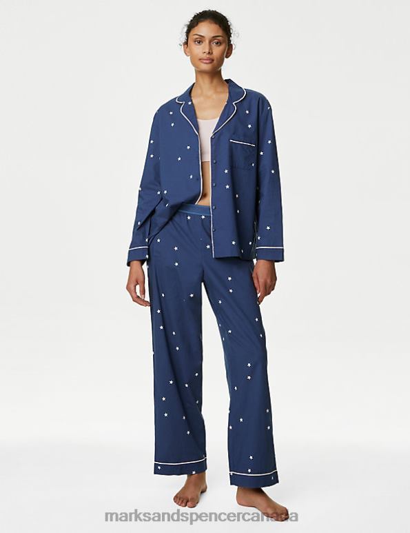 Unisex Dark Blue Lingerie Marks & Spencer Pure Cotton Star Print Pyjama Set 20VTD3429 - Marks and Spencer Canada locations