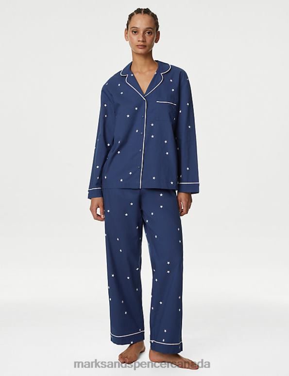 Unisex Dark Blue Lingerie Marks & Spencer Pure Cotton Star Print Pyjama Set 20VTD3429 - Marks and Spencer Canada locations