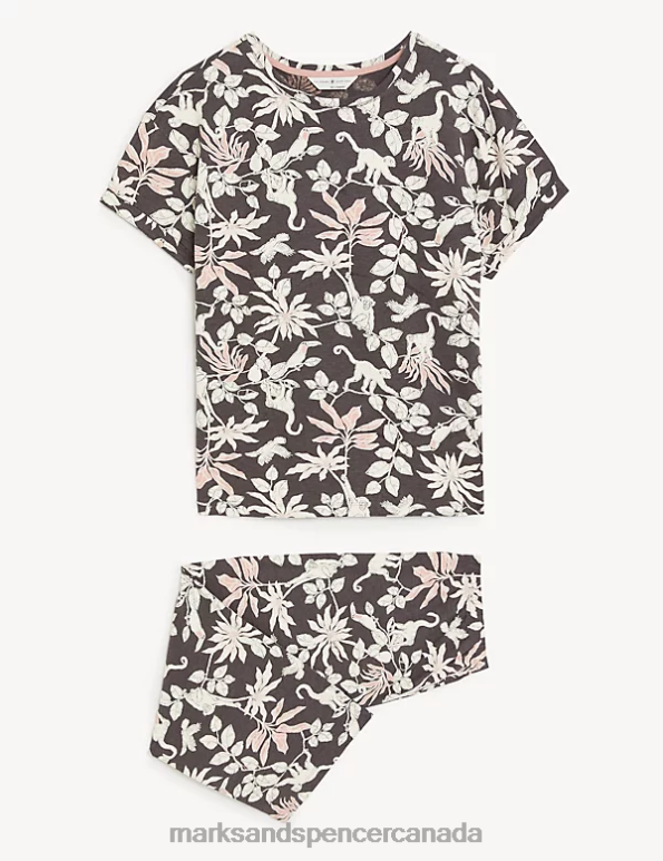 Unisex Dark Grey Lingerie Marks & Spencer Cotton Rich Jungle Print Cropped Pyjama Set 20VTD3659 - Marks and Spencer online