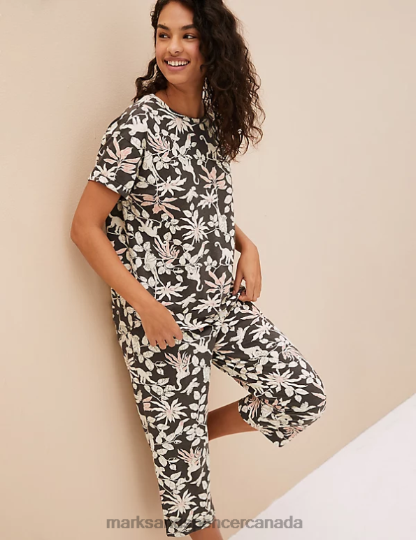 Unisex Dark Grey Lingerie Marks & Spencer Cotton Rich Jungle Print Cropped Pyjama Set 20VTD3659 - Marks and Spencer online