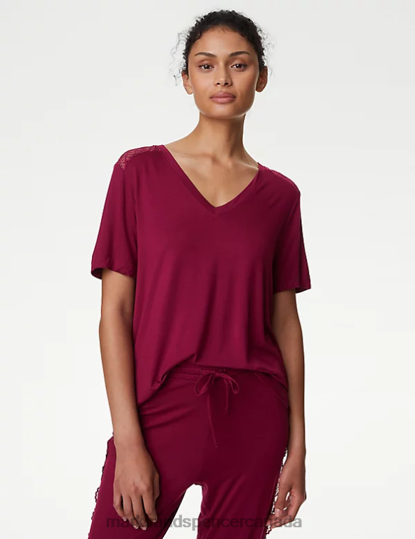Unisex Dark Raspberry Lingerie Marks & Spencer Body Soft Lace Detail Pyjama Top 20VTD3732 - Marks and Spencer outlet