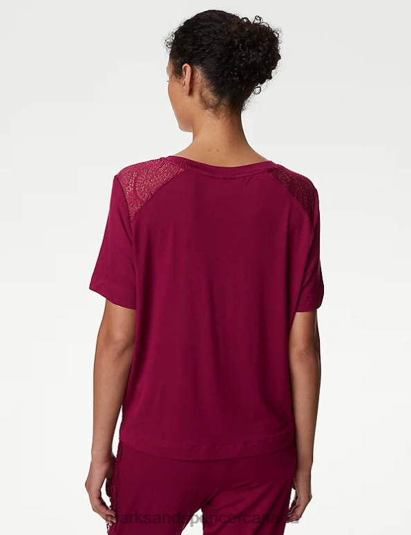 Unisex Dark Raspberry Lingerie Marks & Spencer Body Soft Lace Detail Pyjama Top 20VTD3732 - Marks and Spencer outlet