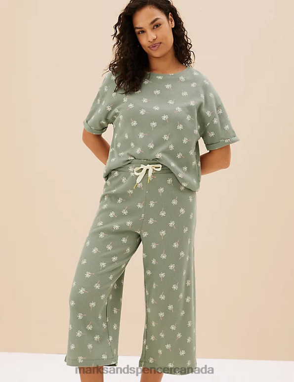 Marks and Spencer Canada - Unisex Dusty Green Lingerie Marks & Spencer Cotton Blend Waffle Pyjama Bottoms 20VTD3580