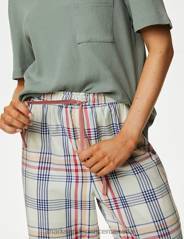 Unisex Dusty Green Lingerie Marks & Spencer Cotton Rich Checked Pyjama Set 20VTD3331 - Marks and Spencer outlet