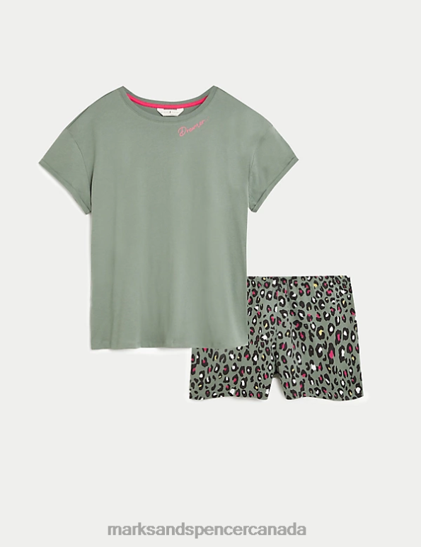 Unisex Dusty Green Lingerie Marks & Spencer Pure Cotton Leopard Shortie Set 20VTD3517 - Marks and Spencer outlet