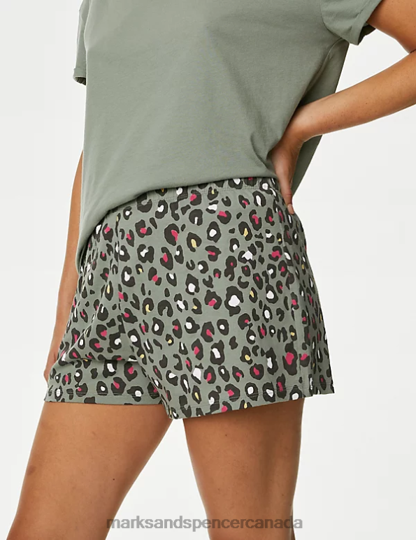 Unisex Dusty Green Lingerie Marks & Spencer Pure Cotton Leopard Shortie Set 20VTD3517 - Marks and Spencer outlet