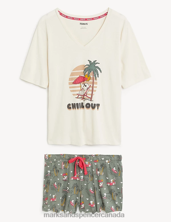 Unisex Dusty Green Lingerie Marks & Spencer Pure Cotton Snoopy Shortie Set 20VTD3564 - Marks and Spencer outlet