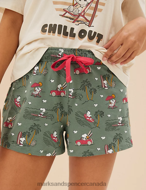 Unisex Dusty Green Lingerie Marks & Spencer Pure Cotton Snoopy Shortie Set 20VTD3564 - Marks and Spencer outlet