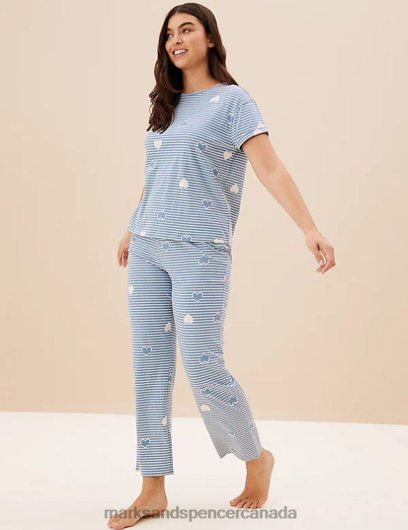 Marks and Spencer Canada - Unisex Grey Blue Lingerie Marks & Spencer Pure Cotton Striped Heart Print Pyjama Set 20VTD3491