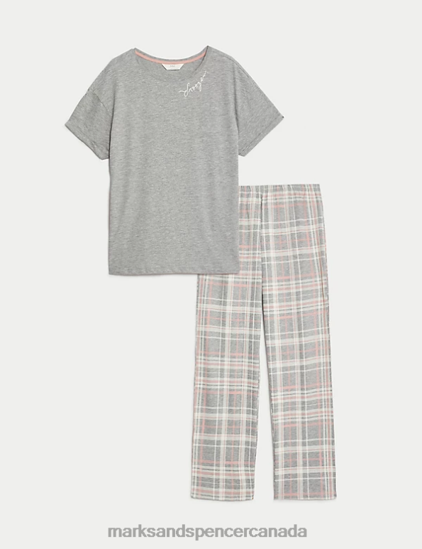 Unisex Grey Mix Lingerie Marks & Spencer Cotton Rich Checked Pyjama Set 20VTD3432 - Marks and Spencer outlet