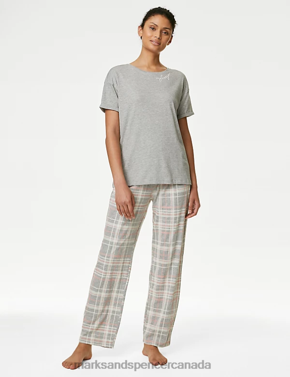 Unisex Grey Mix Lingerie Marks & Spencer Cotton Rich Checked Pyjama Set 20VTD3432 - Marks and Spencer outlet