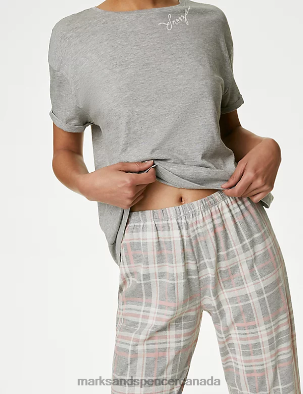 Unisex Grey Mix Lingerie Marks & Spencer Cotton Rich Checked Pyjama Set 20VTD3432 - Marks and Spencer outlet