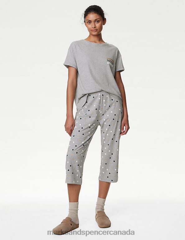 Unisex Grey Mix Lingerie Marks & Spencer Cotton Rich Polka Dot Cropped Pyjama Set 20VTD3502 - Marks and Spencer Canada locations