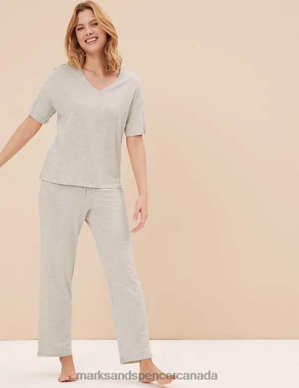 Marks and Spencer near me - Unisex Light Grey Lingerie Marks & Spencer Cotton Modal Lace Pyjama Set 20VTD3378