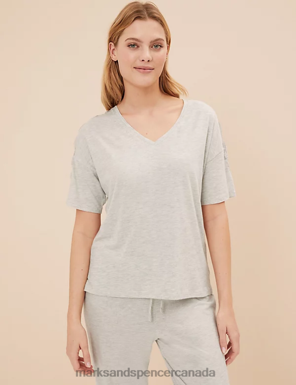 Marks and Spencer near me - Unisex Light Grey Lingerie Marks & Spencer Cotton Modal Lace Pyjama Set 20VTD3378