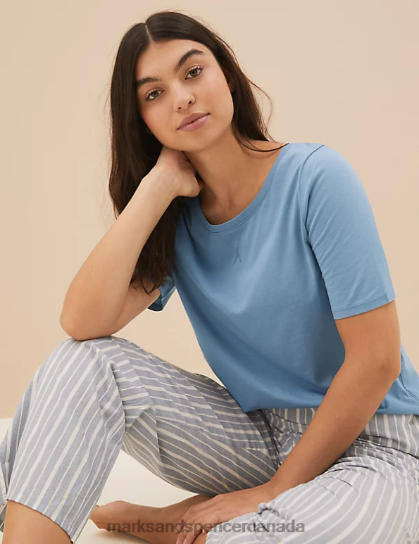 Unisex Navy Mix Lingerie Marks & Spencer 2pk Cotton Modal Pyjama Tops 20VTD3667 - Marks and Spencer outlet