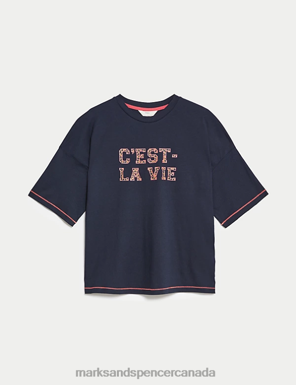 Unisex Navy Mix Lingerie Marks & Spencer C\'est La Vie Slogan Pyjama Top 20VTD3447 - Marks and Spencer online