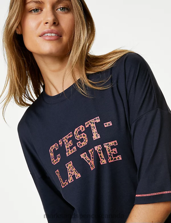 Unisex Navy Mix Lingerie Marks & Spencer C\'est La Vie Slogan Pyjama Top 20VTD3447 - Marks and Spencer online