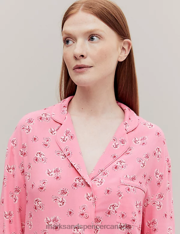 Unisex Pink Mix Lingerie Marks & Spencer Floral Print Revere Collar Pyjama Top 20VTD3539 - Marks and Spencer Canada locations