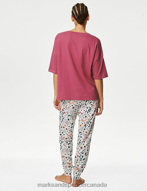Marks and Spencer Canada - Unisex Raspberry Lingerie Marks & Spencer Cotton Rich Fox Print Cuffed Hem Pyjama Set 20VTD3452