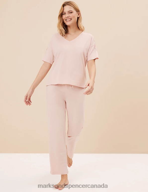 Marks and Spencer Canada - Unisex Soft Pink Lingerie Marks & Spencer Cotton Modal Lace Pyjama Set 20VTD3377