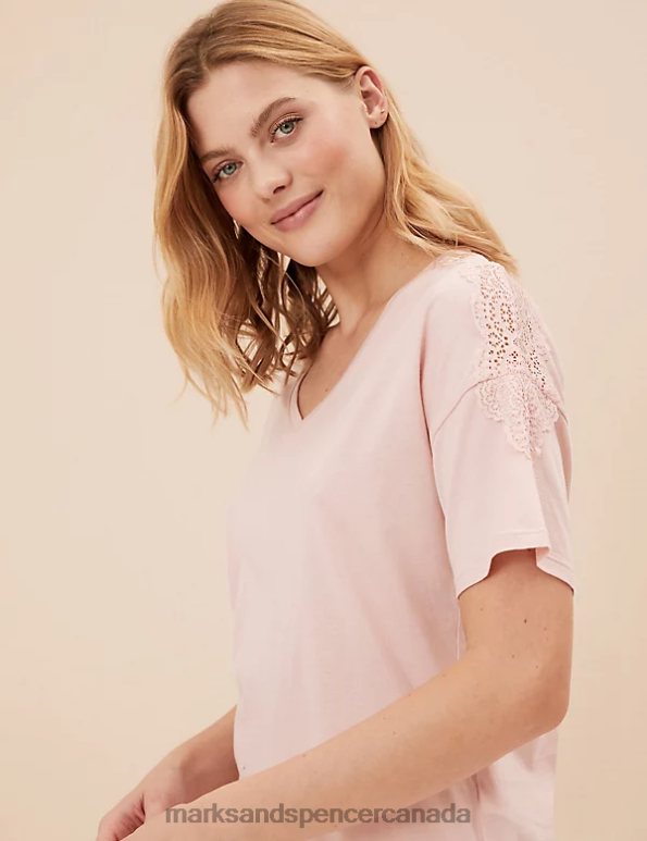 Marks and Spencer Canada - Unisex Soft Pink Lingerie Marks & Spencer Cotton Modal Lace Pyjama Set 20VTD3377