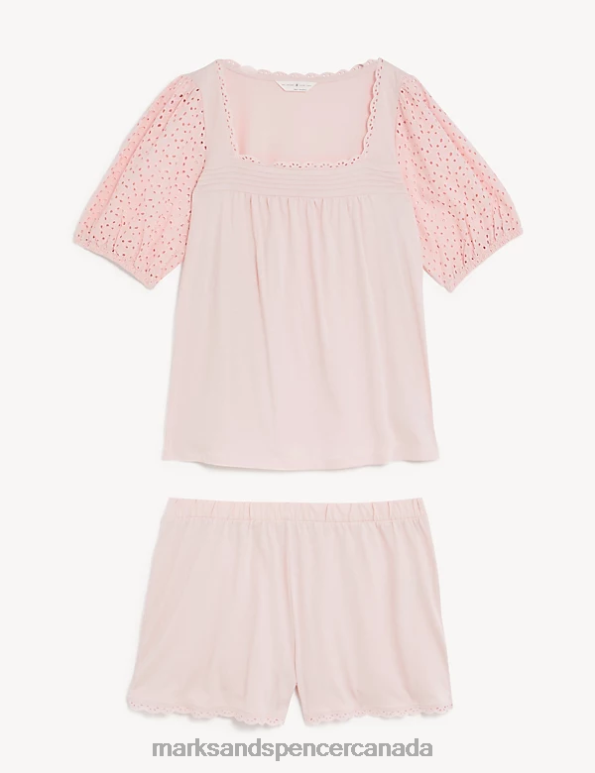 Unisex Soft Pink Lingerie Marks & Spencer Pure Cotton Broderie Trim Shortie Set 20VTD3525 - Marks and Spencer online