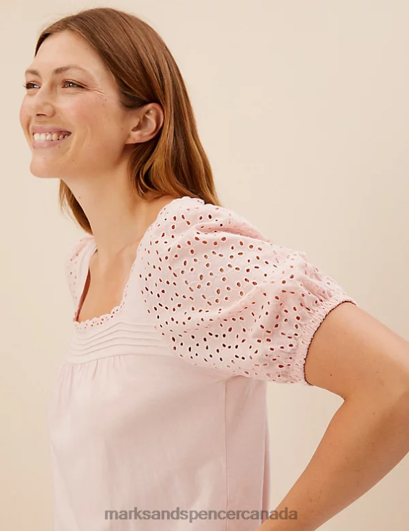 Unisex Soft Pink Lingerie Marks & Spencer Pure Cotton Broderie Trim Shortie Set 20VTD3525 - Marks and Spencer online