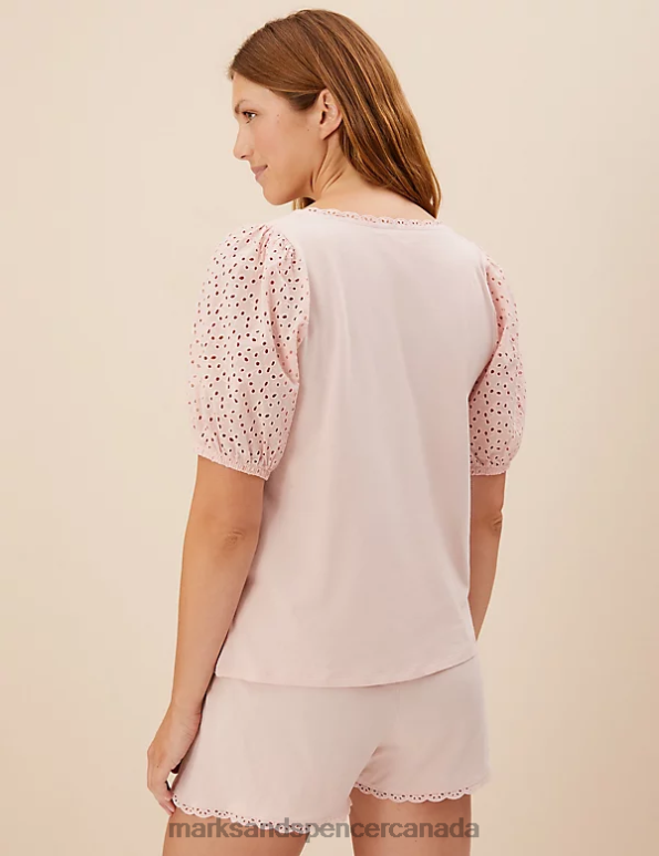 Unisex Soft Pink Lingerie Marks & Spencer Pure Cotton Broderie Trim Shortie Set 20VTD3525 - Marks and Spencer online