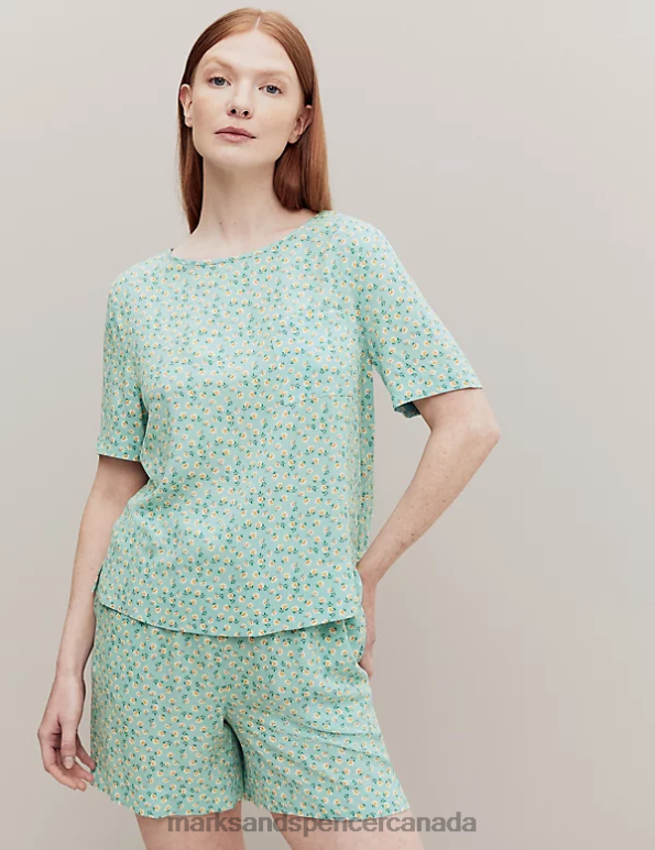 Unisex Teal Mix Lingerie Marks & Spencer Floral Print Pyjama Top 20VTD3504 - Marks and Spencer outlet