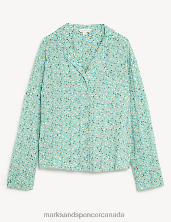 Marks and Spencer Canada - Unisex Teal Mix Lingerie Marks & Spencer Floral Print Revere Collar Pyjama Top 20VTD3470