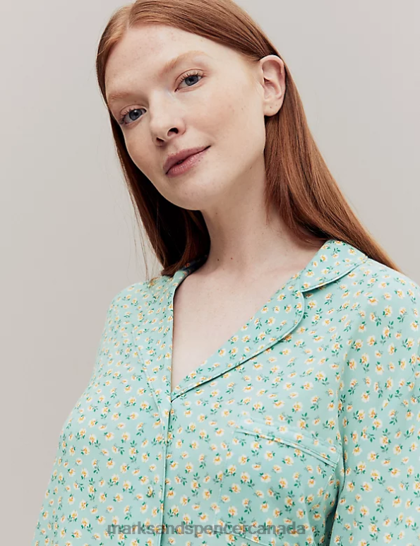 Marks and Spencer Canada - Unisex Teal Mix Lingerie Marks & Spencer Floral Print Revere Collar Pyjama Top 20VTD3470