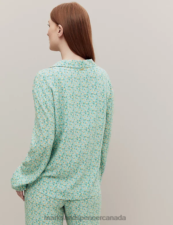 Marks and Spencer Canada - Unisex Teal Mix Lingerie Marks & Spencer Floral Print Revere Collar Pyjama Top 20VTD3470