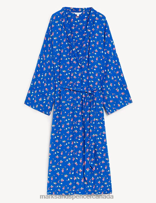 Marks and Spencer Canada - Unisex Blue Mix Lingerie Marks & Spencer Floral Print Long Kimono Robe 20VTD3496