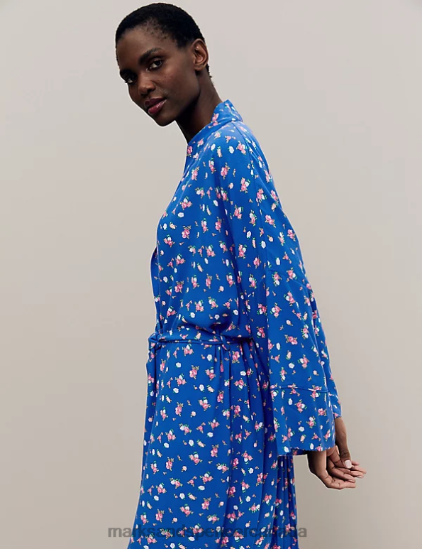 Marks and Spencer Canada - Unisex Blue Mix Lingerie Marks & Spencer Floral Print Long Kimono Robe 20VTD3496