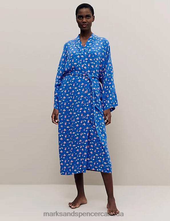 Marks and Spencer Canada - Unisex Blue Mix Lingerie Marks & Spencer Floral Print Long Kimono Robe 20VTD3496
