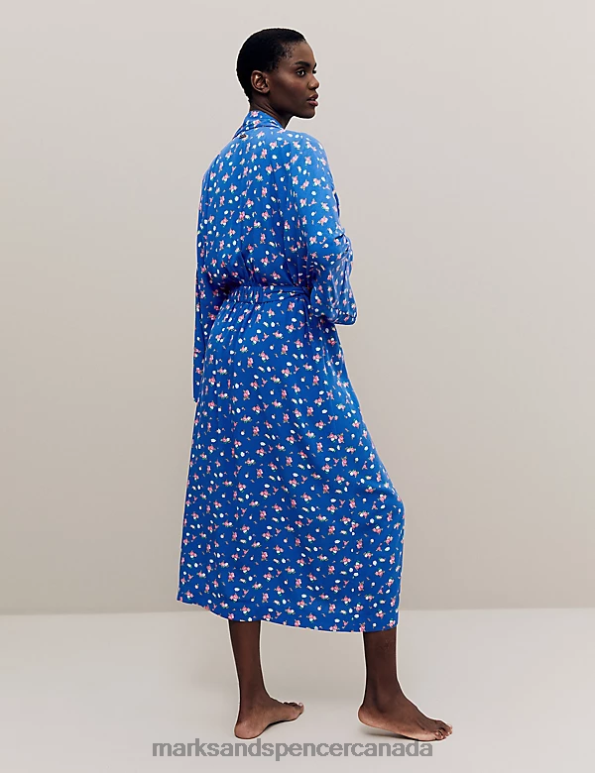 Marks and Spencer Canada - Unisex Blue Mix Lingerie Marks & Spencer Floral Print Long Kimono Robe 20VTD3496