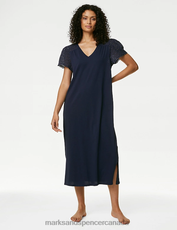 Unisex Navy Lingerie Marks & Spencer Pure Cotton Broderie Trim Long Nightdress 20VTD3358 - Marks and Spencer outlet