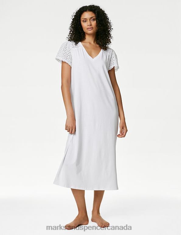 Unisex White Lingerie Marks & Spencer Pure Cotton Broderie Trim Long Nightdress 20VTD3383 - Marks and Spencer online