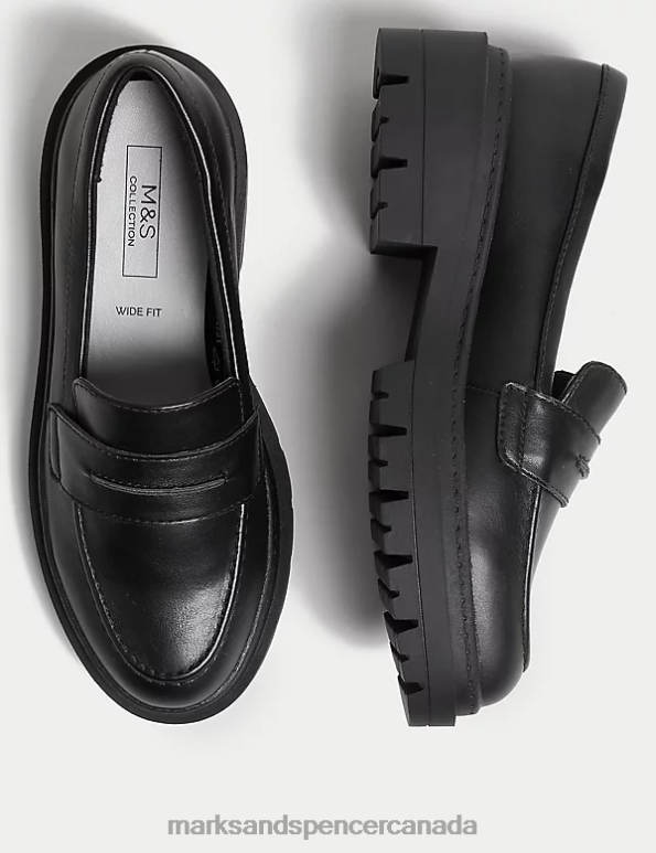 Unisex Black Shoes Marks & Spencer Wide Fit Slip On Flatform Loafers 20VTD1300 - Marks and Spencer online
