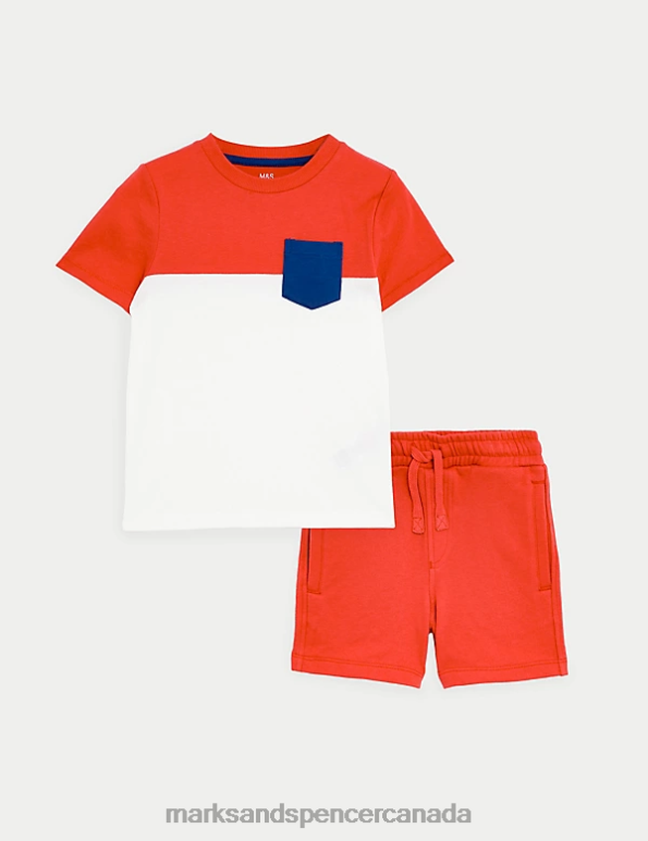 Marks and Spencer Canada - Kids Red Mix Clothing Marks & Spencer 2pc Pure Cotton Red Colourblock Outfit 20VTD8531