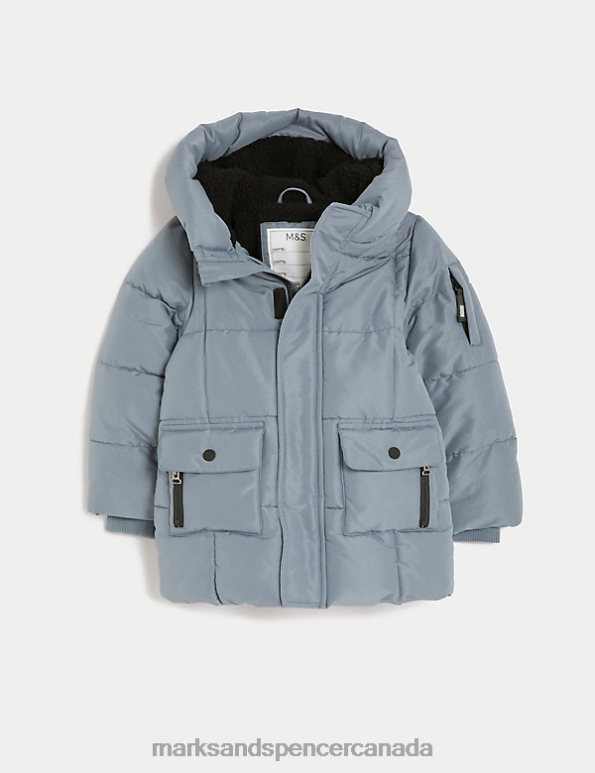 Kids Steel Blue Clothing Marks & Spencer Stormwear Hooded Longline Padded Coat 20VTD8193 - Marks and Spencer outlet
