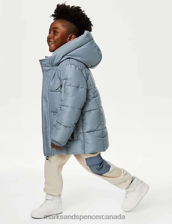 Kids Steel Blue Clothing Marks & Spencer Stormwear Hooded Longline Padded Coat 20VTD8193 - Marks and Spencer outlet