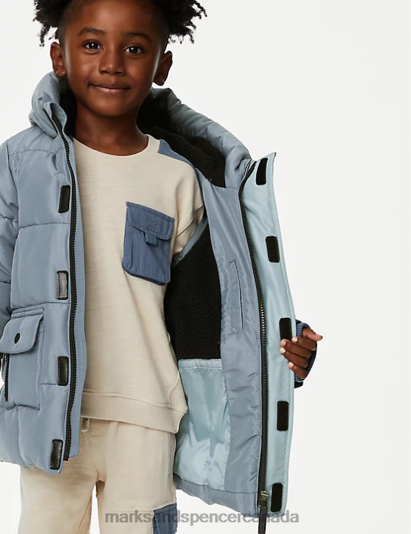 Kids Steel Blue Clothing Marks & Spencer Stormwear Hooded Longline Padded Coat 20VTD8193 - Marks and Spencer outlet