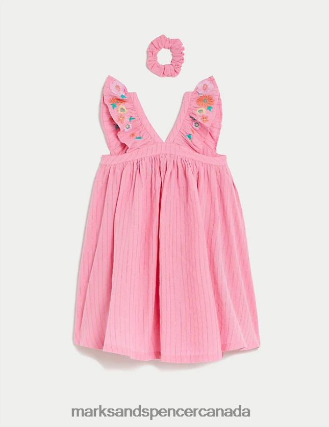 Marks and Spencer Canada - Clothing 20VTD9294 Sugar Pink Kids Marks & Spencer Pure Cotton Floral Dress with Scrunchie
