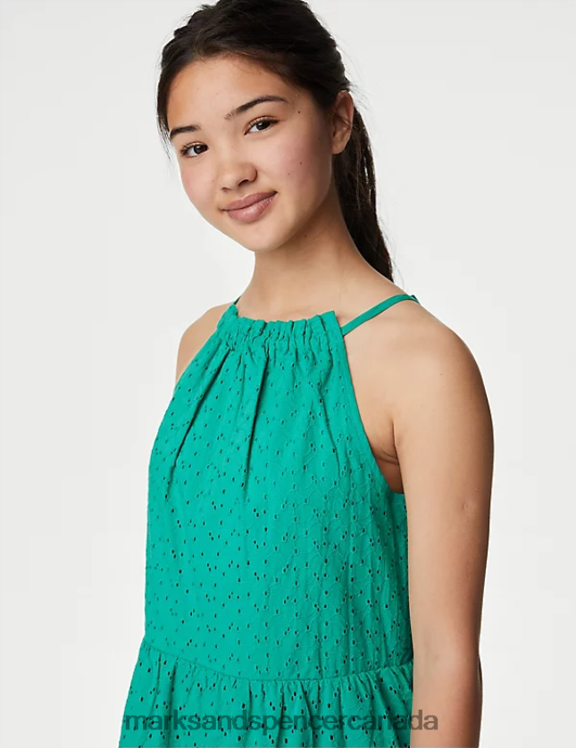 Clothing 20VTD9454 Green Kids Marks & Spencer Pure Cotton Broderie Dress - Marks and Spencer outlet