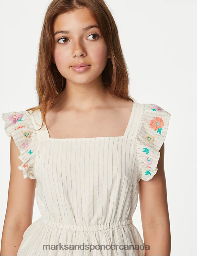 Clothing 20VTD9762 Ivory Kids Marks & Spencer Cotton Rich Embroidered Striped Dress - Marks and Spencer Canada locations